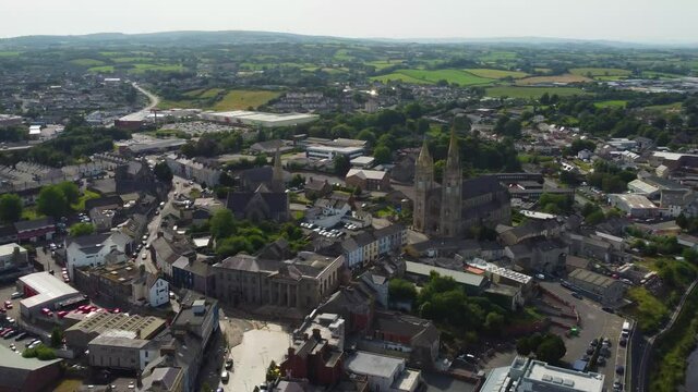 Aerial video of Omagh town center and Courthouse Co Tyrone Northern Ireland