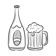 A glass and a bottle of beer vector illustration, with hand drawn sketching style