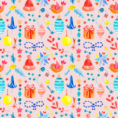 Seamless raster watercolor pattern of Christmas and New Year symbols. Elements and items of the holiday on the pink background.