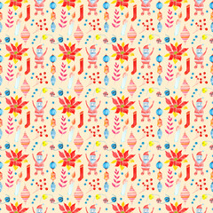 Seamless raster watercolor pattern of Christmas and New Year symbols. Elements and items of the holiday on the brown background.