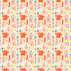 Seamless raster watercolor pattern of Christmas and New Year symbols. Elements and items of the holiday on the brown background.