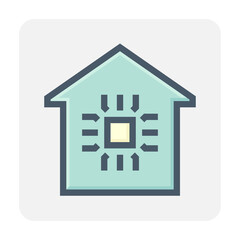 Smart home or home automation vector icon consist of home or house and microchip. Technology processor to monitoring, control system of electricity, energy, security i.e. thermostat, camera. 48x48 px.