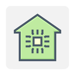 Smart home or home automation vector icon consist of home or house and microchip. Technology processor to monitoring, control system of electricity, energy, security i.e. thermostat, camera. 48x48 px.