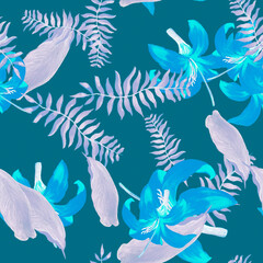 Fototapeta na wymiar Navy Tropical Foliage. Indigo Seamless Hibiscus. Azure Pattern Vintage. Cobalt Floral Illustration. Blue Flower Nature. Violet Decoration Leaf. Drawing Art.