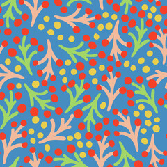 Fototapeta na wymiar Blue background with lime green and pink branch with berries seamless pattern background design.