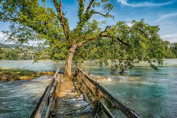 Fototapeta na wymiar flooded old wooden bridge 