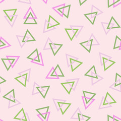 Seamless pattern from pink and green triangles. light red background. Vector illustration.