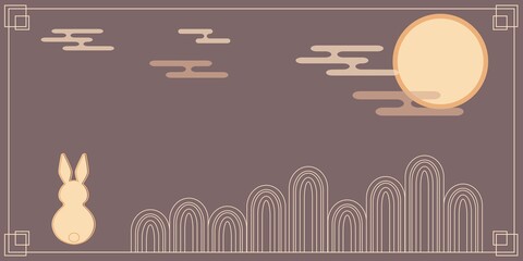 Mid autumn festival rabbits, moon, Happy Mid Autumn, gold on dark background Traditional Asian holiday poster, banner design collection. Hand drawn vector illustration. Flat style.