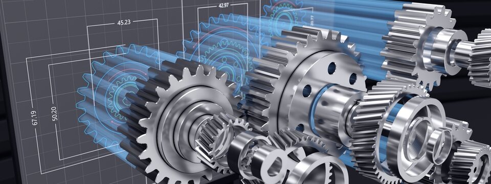 Gear mechanism digital design in office. Black closeup version.