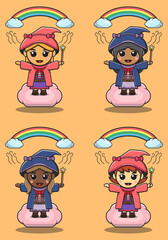 Vector illustration of mystical girls above magic cloud use magic to make rainbow. Cute magic girls. Halloween magic collection. Vector illustration for kids.