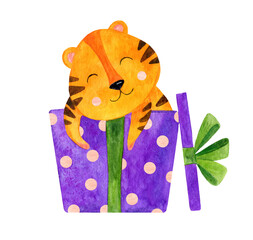 Cute watercolor tiger sitting in a gift box. Children's illustration of New Year's tiger cubs, symbol of 2022. Chinese year of the tiger.