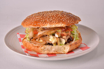 Mushrooms Cheese Burger Mexican Food, Background White Horizontal