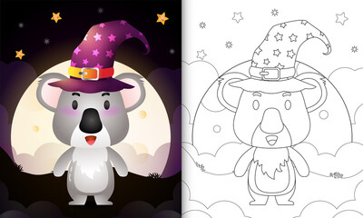 coloring book with a cute cartoon halloween witch koala front the moon