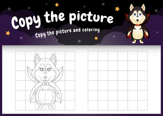 copy the picture kids game and coloring page with a cute husky dog using halloween costume