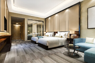 3d rendering luxury bedroom suite in resort  hotel with twin bed and bathroom