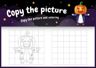copy the picture kids game and coloring page with a cute penguin using halloween costume