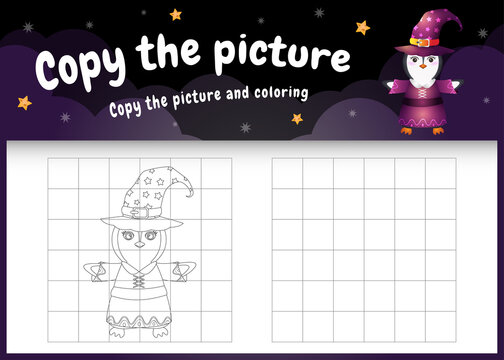 copy the picture kids game and coloring page with a cute penguin using halloween costume