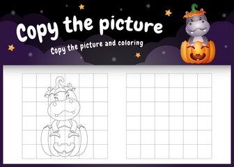 copy the picture kids game and coloring page with a cute hippo using halloween costume