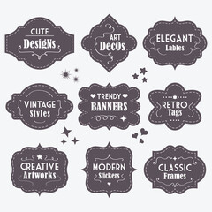 Cute black vintage and modern different shapes banners and message boards with dashed borders design elements set on off white background