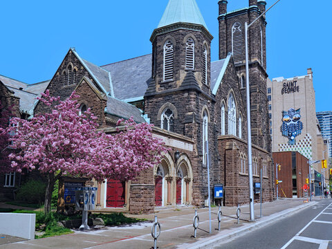 Toronto, Canada - Old Stone Church And Reserved Bike Lane On Bloor Street Near University Of Toronto.