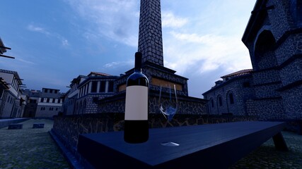 wine bottle at town bench