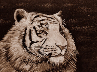hand painted original impressionism art oil painting white tiger in the deep forest, sepia color