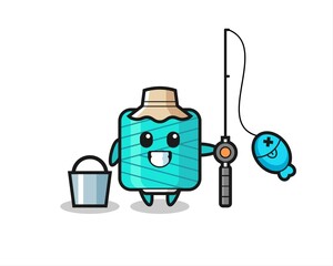 Mascot character of yarn spool as a fisherman
