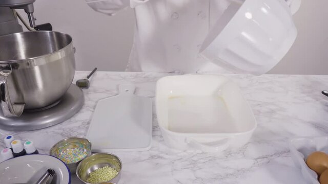 Time lapse. Frosting sheet cake with Italian buttercream frosting.