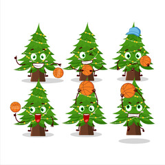 Talented christmas tree cartoon character as a basketball athlete