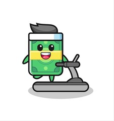 money cartoon character walking on the treadmill