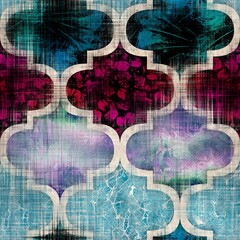 Seamless Moroccan inspired highly textured pattern for surface print. High quality illustration. Stylized chic ornate ogee or quatrefoil pattern. Luxury ornamental oriental symmetric shape repeat.