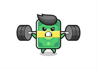 money mascot cartoon with a barbell