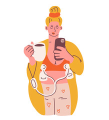 Modern mother using electric breast pump while drinking coffee or tea and being on her phone. Breastfeeding concept. Flat hand drawn vector illustration