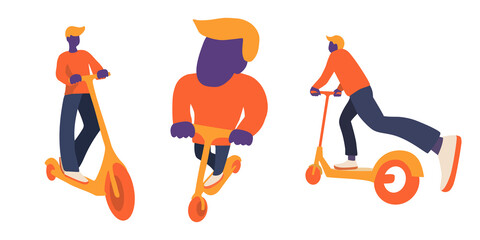 Set of three men riding kick scooter. Accent on perspective. Flat vector illustration in simple abstract style for poster, flyer or sticker