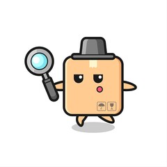 cardboard box cartoon character searching with a magnifying glass