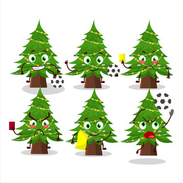Christmas tree cartoon character working as a Football referee