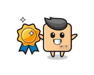 cardboard box mascot illustration holding a golden badge