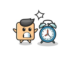 Cartoon Illustration of cardboard box is surprised with a giant alarm clock