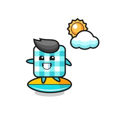 Illustration of checkered tablecloth cartoon do surfing on the beach