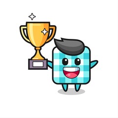 Cartoon Illustration of checkered tablecloth is happy holding up the golden trophy
