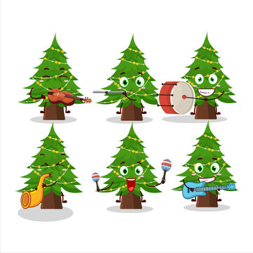 Cartoon character of christmas tree playing some musical instruments