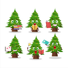 A picture of christmas tree cartoon character concept reading an amusing book