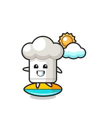 Illustration of chef hat cartoon do surfing on the beach