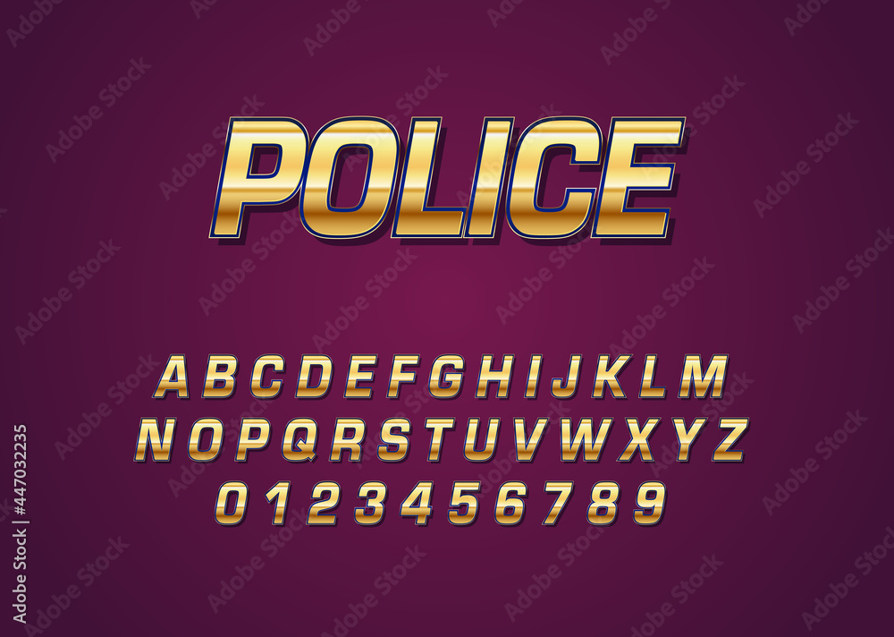 Poster police chrome gold style vector font with uppercase and digit number