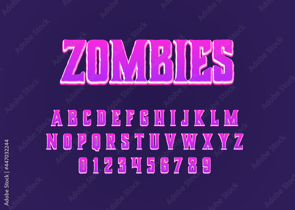 Poster zombies cartoon movie style vector font alphabet with uppercase and digit number