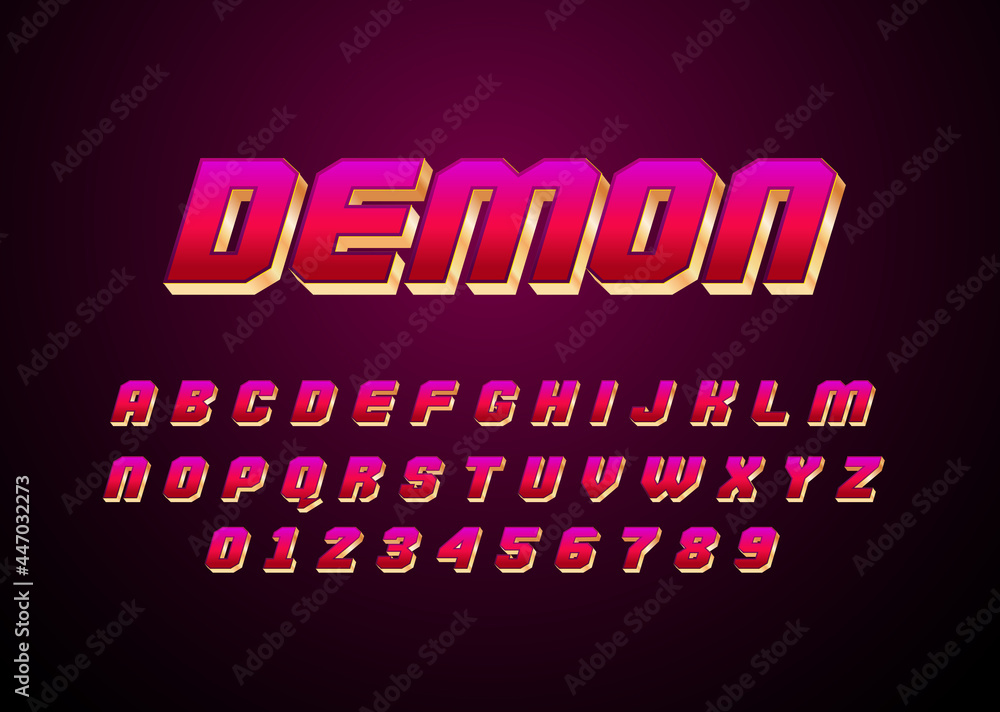 Poster demon red and gold style vector font with uppercase and digit number