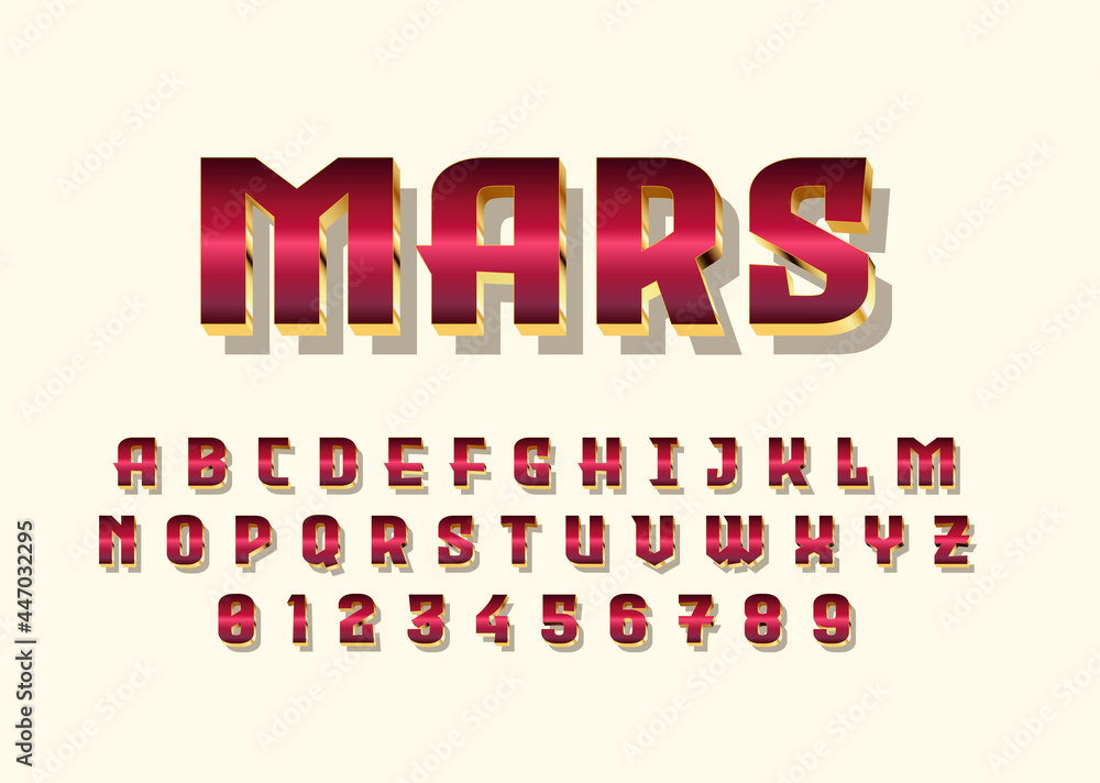 Poster mars chrome red gold style vector font with uppercase and digit number