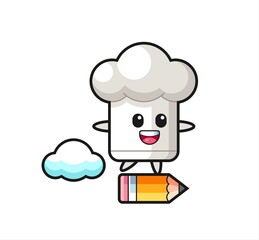 chef hat mascot illustration riding on a giant pencil