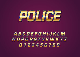 Police chrome gold style vector font with uppercase and digit number