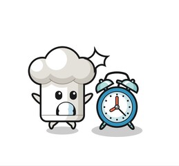 Cartoon Illustration of chef hat is surprised with a giant alarm clock